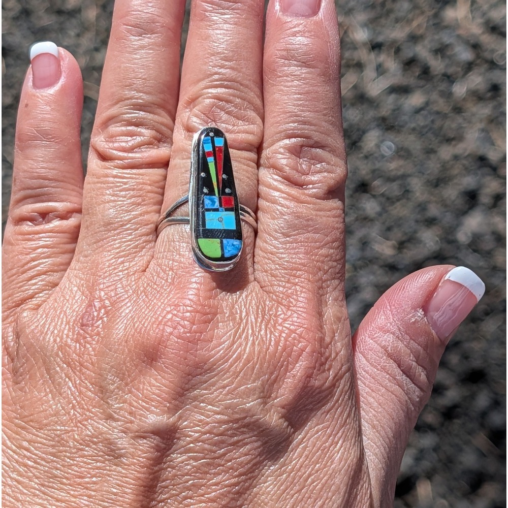 Handmade Zuni Inlay Ring by Gilbert Smith Adjustable Sterling Silver Night Day - Picture 3 of 9